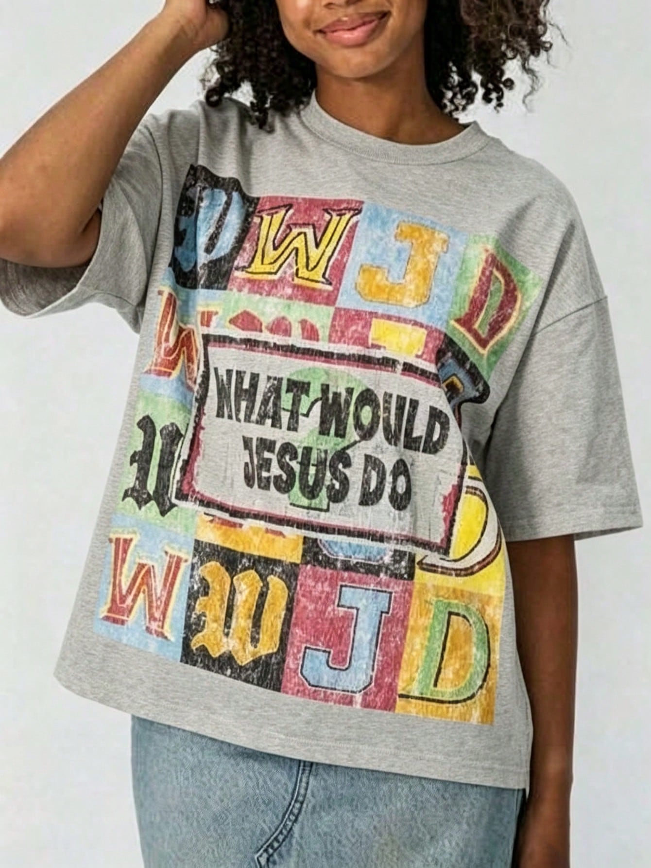 Unisex Drop Shoulder Oversized WWJD Christian T-Shirt, Vintage Letter Color Block Print Short Sleeve Top, Casual Summer Tees For Women