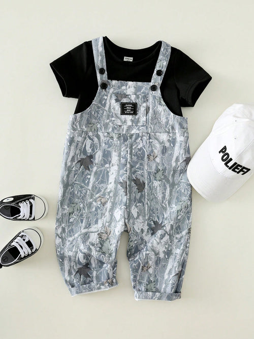 Unisex Newborn Baby Boy/Girl Black Camo,Summer,Casual,Vacation Fashionable Bib Pants Romper,Streetwear Camouflage Print Overalls Toddler Outfit