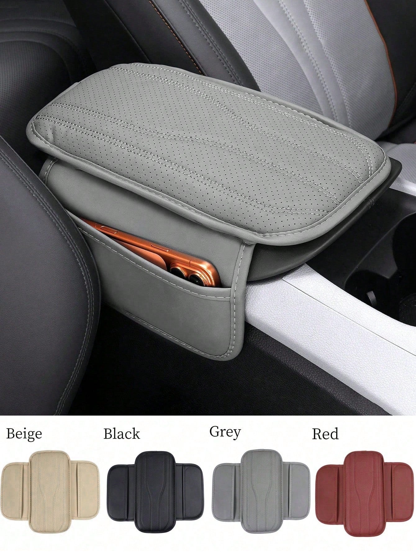 Universal Car Center Console Cover With 2 Storage Pockets- PU Leather Armrest Pad, Waterproof Protective Mat, Scratch-Resistant & Wear-Resistant Interior Accessory, Suitable For SUV, Truck, Vehicle