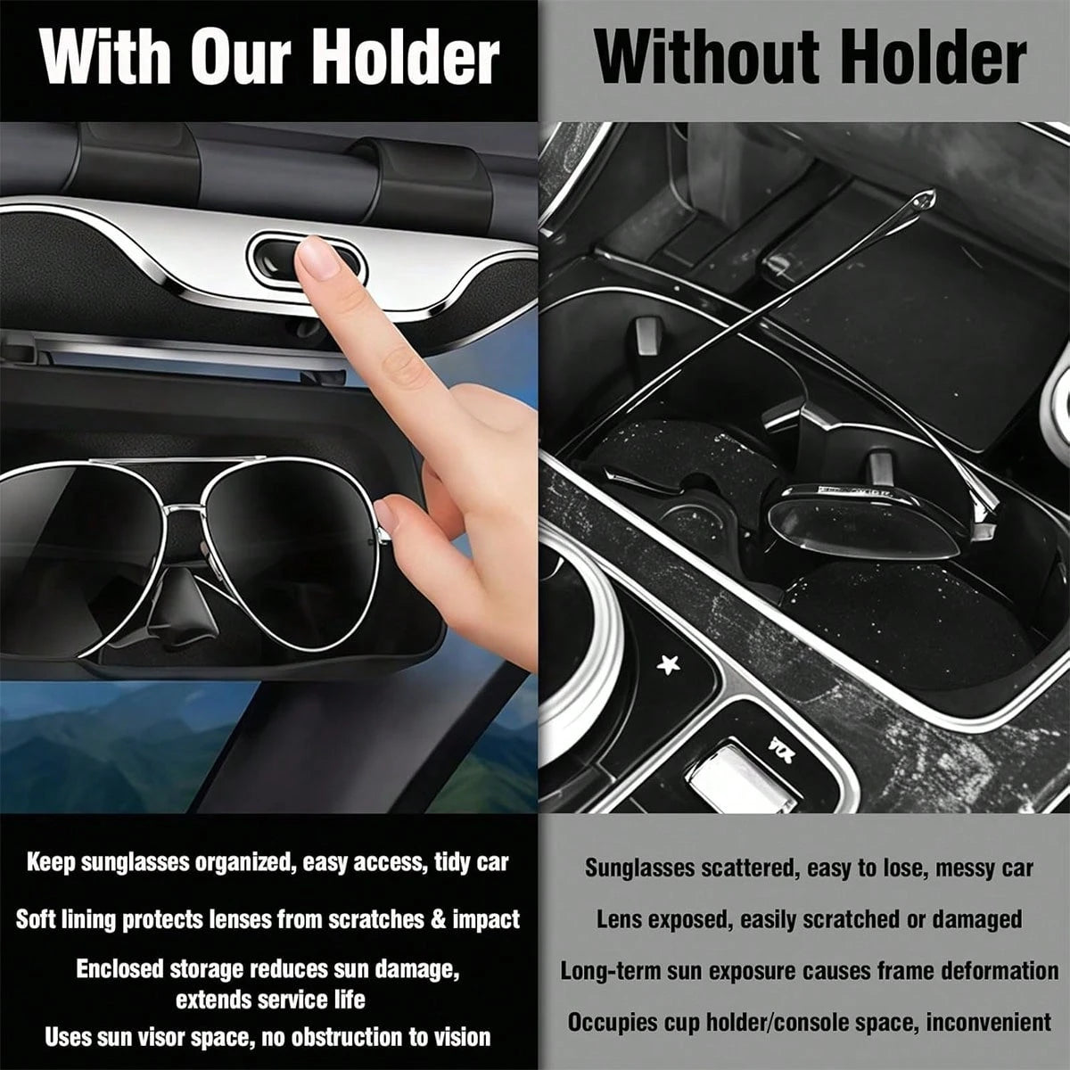 Universal Car Visor & Dashboard Fashion Glasses Holder – One-Handed Quick Access, Scratch-Resistant & Shockproof Case, Heat/Cold Resistant, Easy Install, Great Gift For Drivers, Fathers & Friends, Per