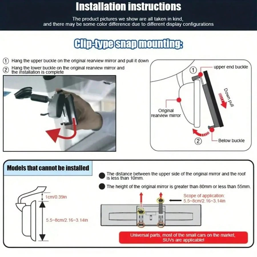 Universal Curved Rearview Mirror For Cars, Interior Clip-On Wide-Angle Rearview Mirror, Wide Field Of View Improves Visibility, Effectively Reduces Blind Spots And Increases Driving Distance.