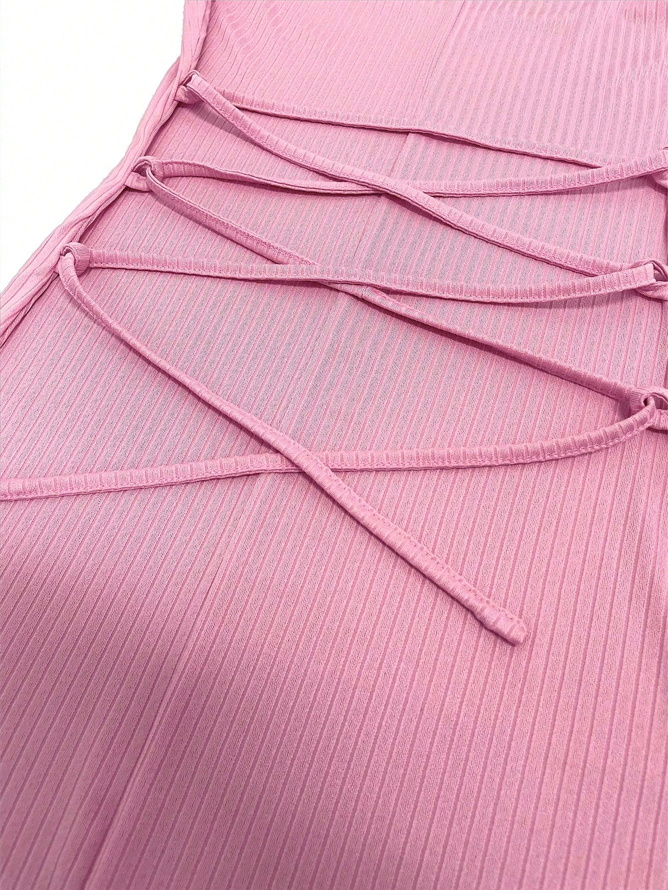UREREM 210g Soft Solid Color Square Neck Ribbed Knit Side Drawstring Bodycon Long Sleeve Dress Pink Spring Elegant