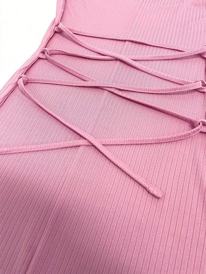 UREREM 210g Soft Solid Color Square Neck Ribbed Knit Side Drawstring Bodycon Long Sleeve Dress Pink Spring Elegant