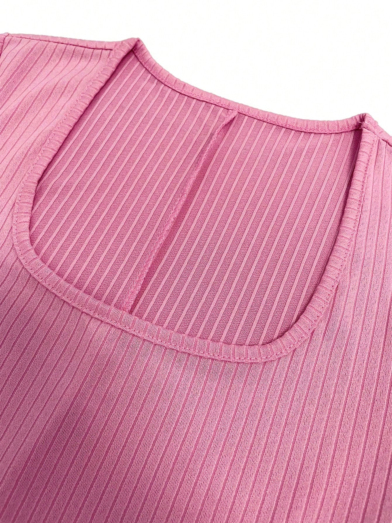 UREREM 210g Soft Solid Color Square Neck Ribbed Knit Side Drawstring Bodycon Long Sleeve Dress Pink Spring Elegant