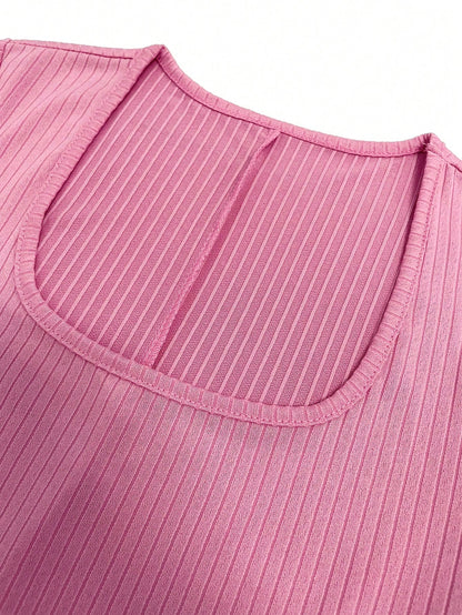UREREM 210g Soft Solid Color Square Neck Ribbed Knit Side Drawstring Bodycon Long Sleeve Dress Pink Spring Elegant