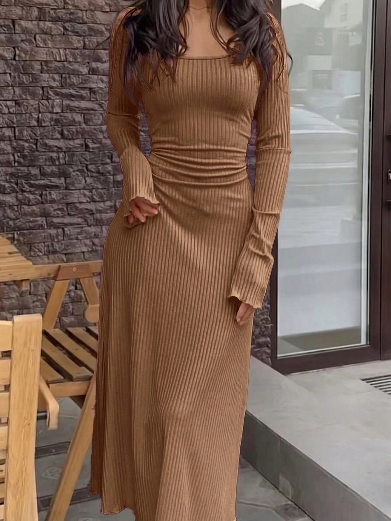 UREREM 210g Soft Solid Color Square Neck Ribbed Knit Side Drawstring Bodycon Long Sleeve Dress Pink Spring Elegant