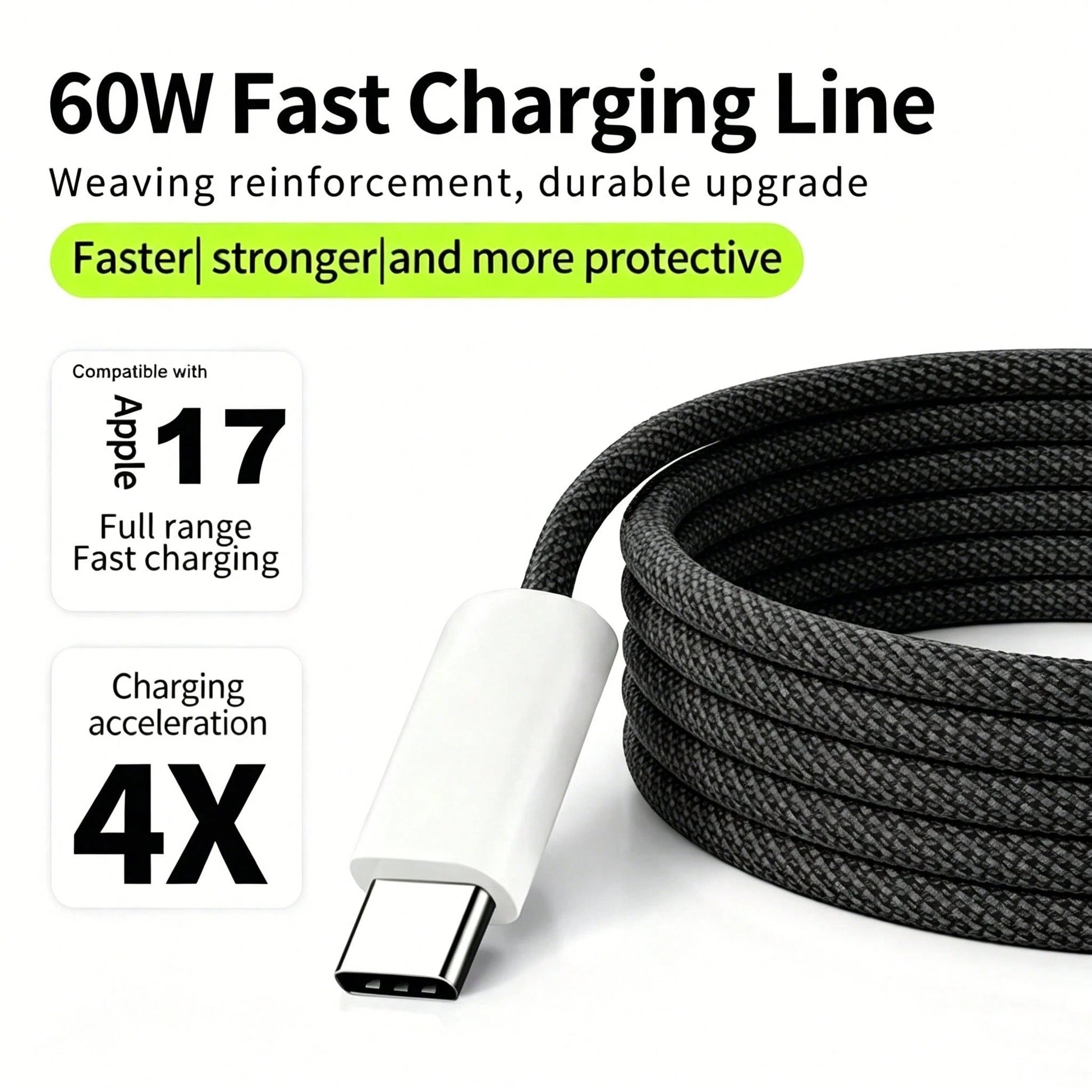 USB-C Fast Charging Cable Compatible With IPhone 17/16/15, USB-C To Type-C Charging & Data Cable (3.3/6.6/10ft Nylon Braided) For Indoor/Outdoor/Travel And Car, Fast Charging Compatible With Iphone 17