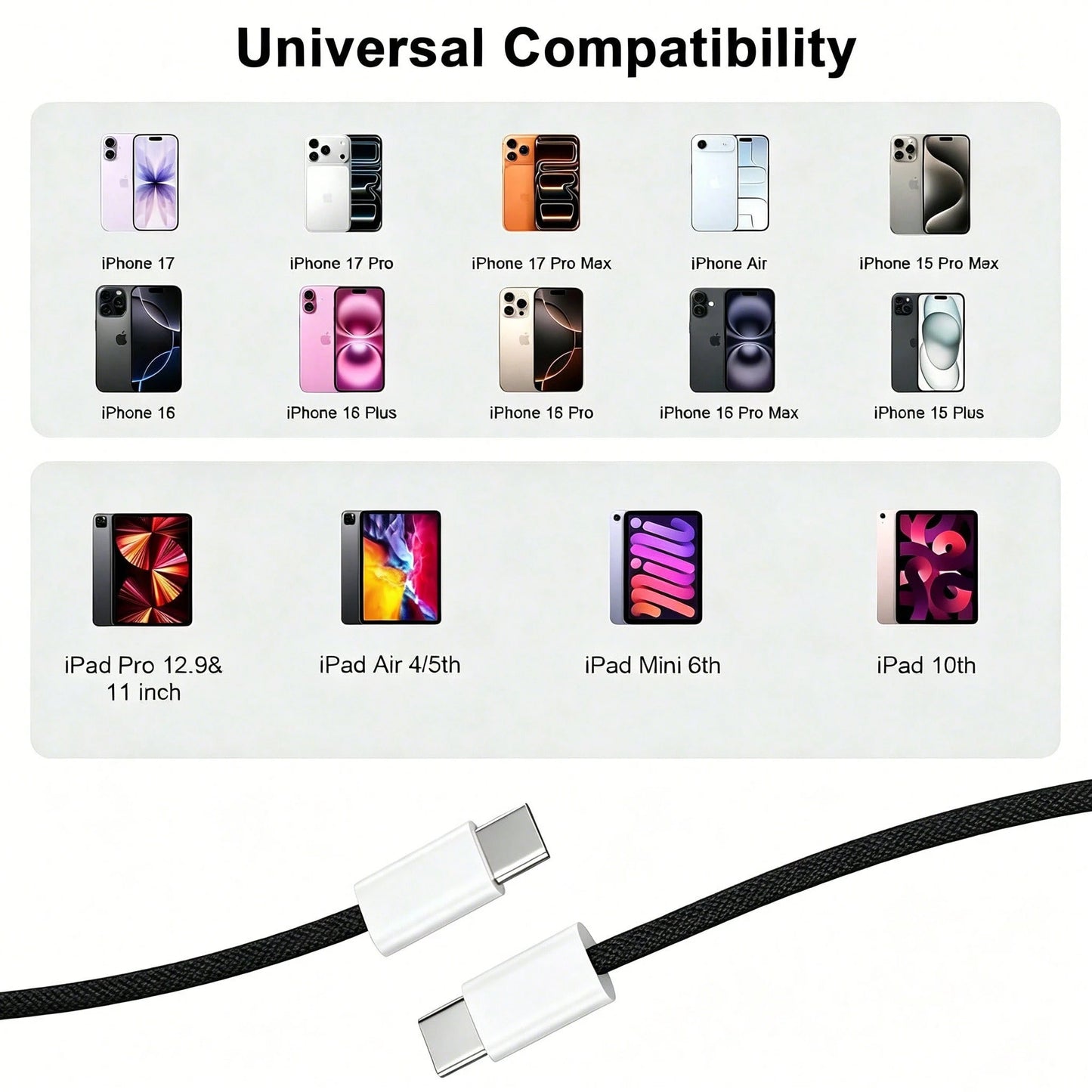 USB-C Fast Charging Cable Compatible With IPhone 17/16/15, USB-C To Type-C Charging & Data Cable (3.3/6.6/10ft Nylon Braided) For Indoor/Outdoor/Travel And Car, Fast Charging Compatible With Iphone 17