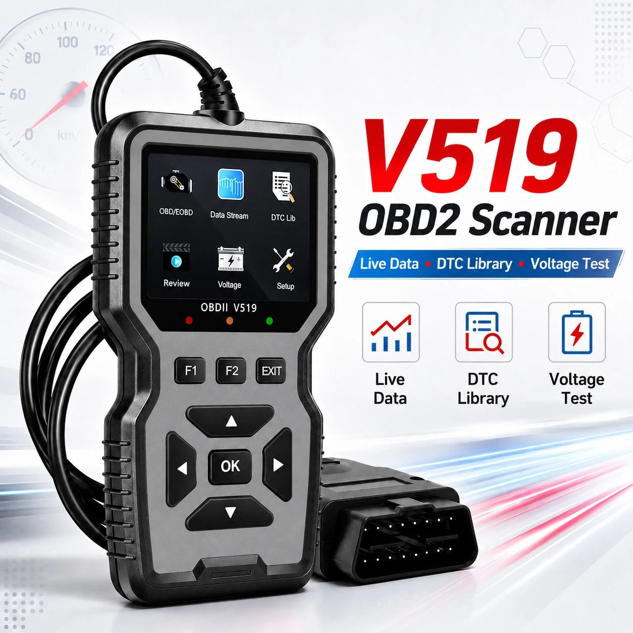 V519 OBD2 Scanner Engine Fault Code Reader Battery Voltage Tester Auto Diagnostic Tool