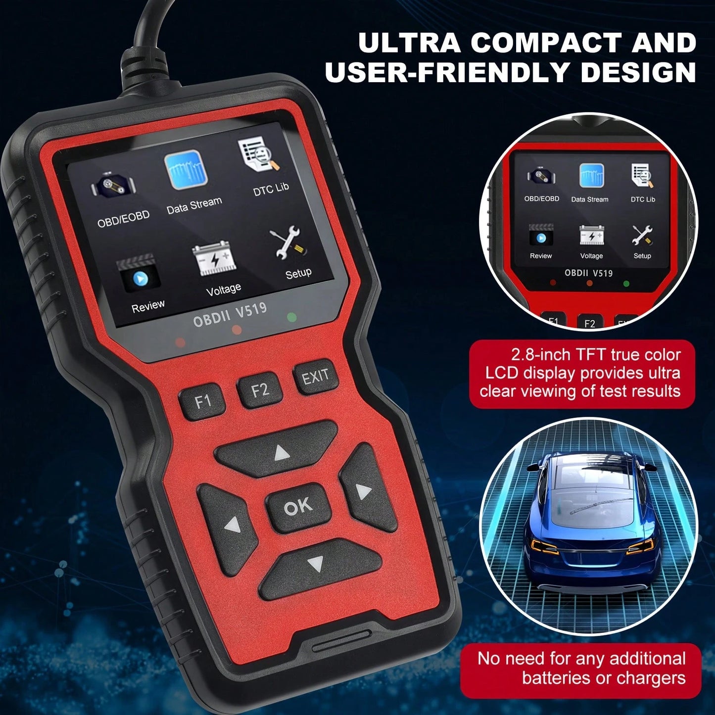V519 Professional OBD2 Scanner- USB Powered Automotive Diagnostic Tool, With Live Data Stream, Full-Function OBD II Testing (I/M Readiness, OBD2/EOBD), Clear Engine Light, Read/Erase Codes For Most V