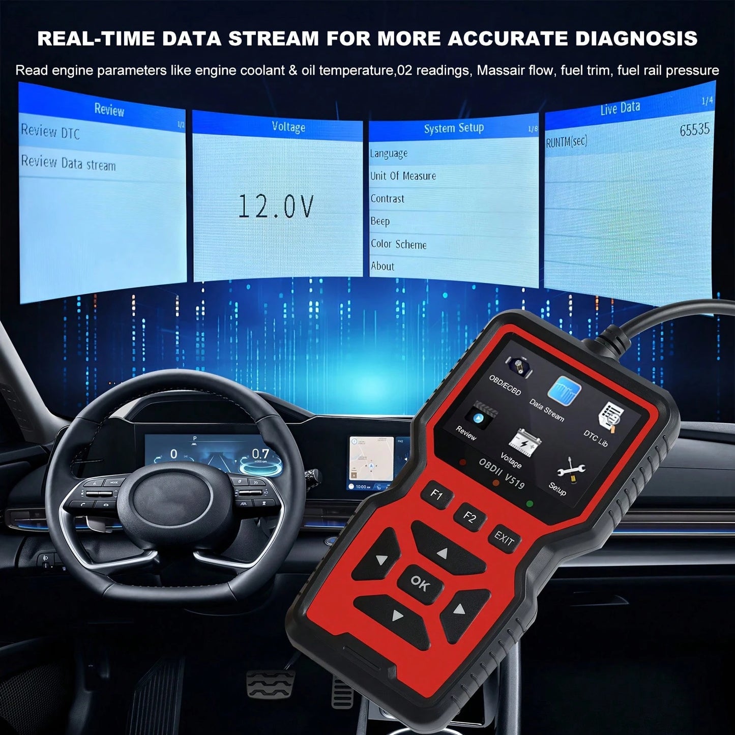 V519 Professional OBD2 Scanner- USB Powered Automotive Diagnostic Tool, With Live Data Stream, Full-Function OBD II Testing (I/M Readiness, OBD2/EOBD), Clear Engine Light, Read/Erase Codes For Most V