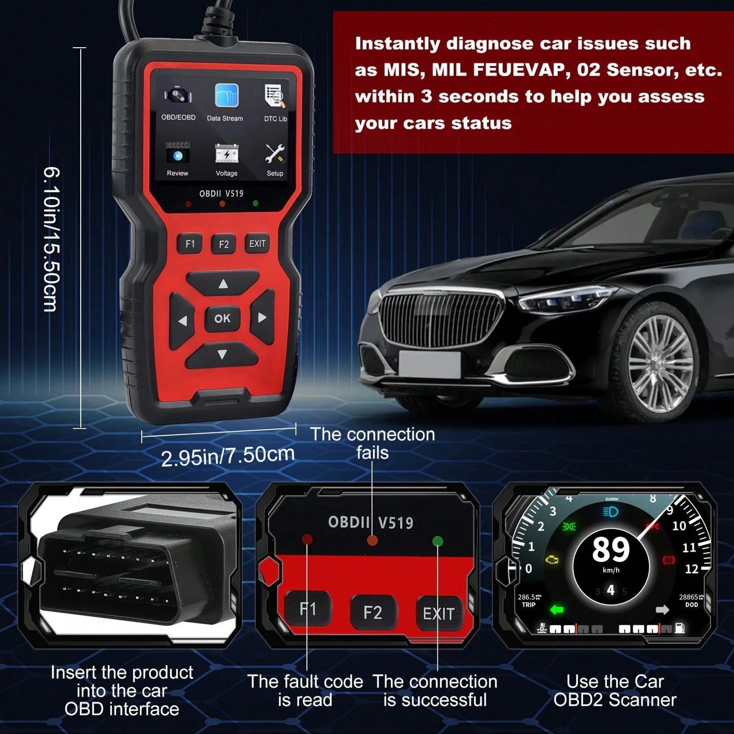 V519 Professional OBD2 Scanner- USB Powered Automotive Diagnostic Tool, With Live Data Stream, Full-Function OBD II Testing (I/M Readiness, OBD2/EOBD), Clear Engine Light, Read/Erase Codes For Most V