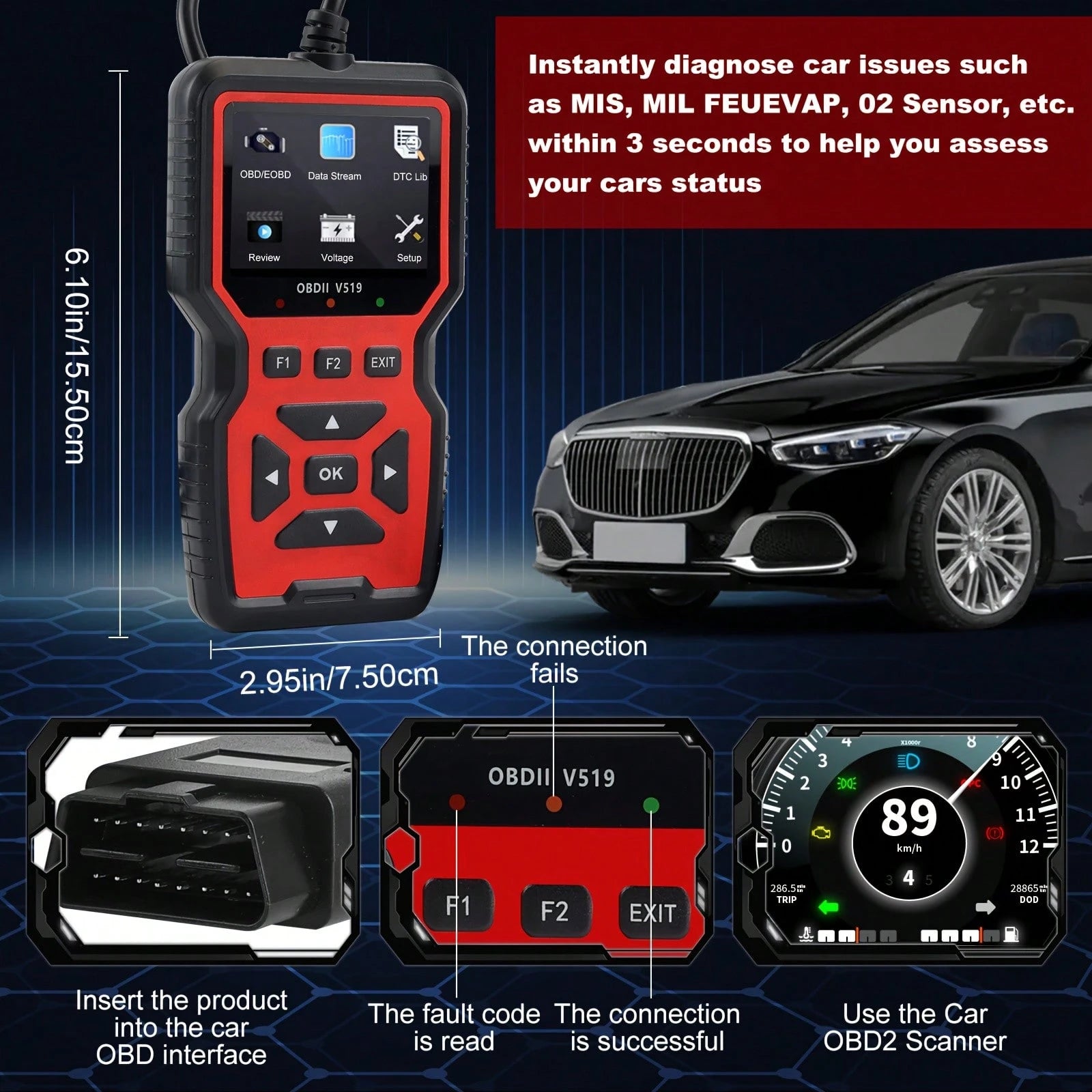 V519 Professional OBD2 Scanner- USB Powered Automotive Diagnostic Tool, With Live Data Stream, Full-Function OBD II Testing (I/M Readiness, OBD2/EOBD), Clear Engine Light, Read/Erase Codes For Most V