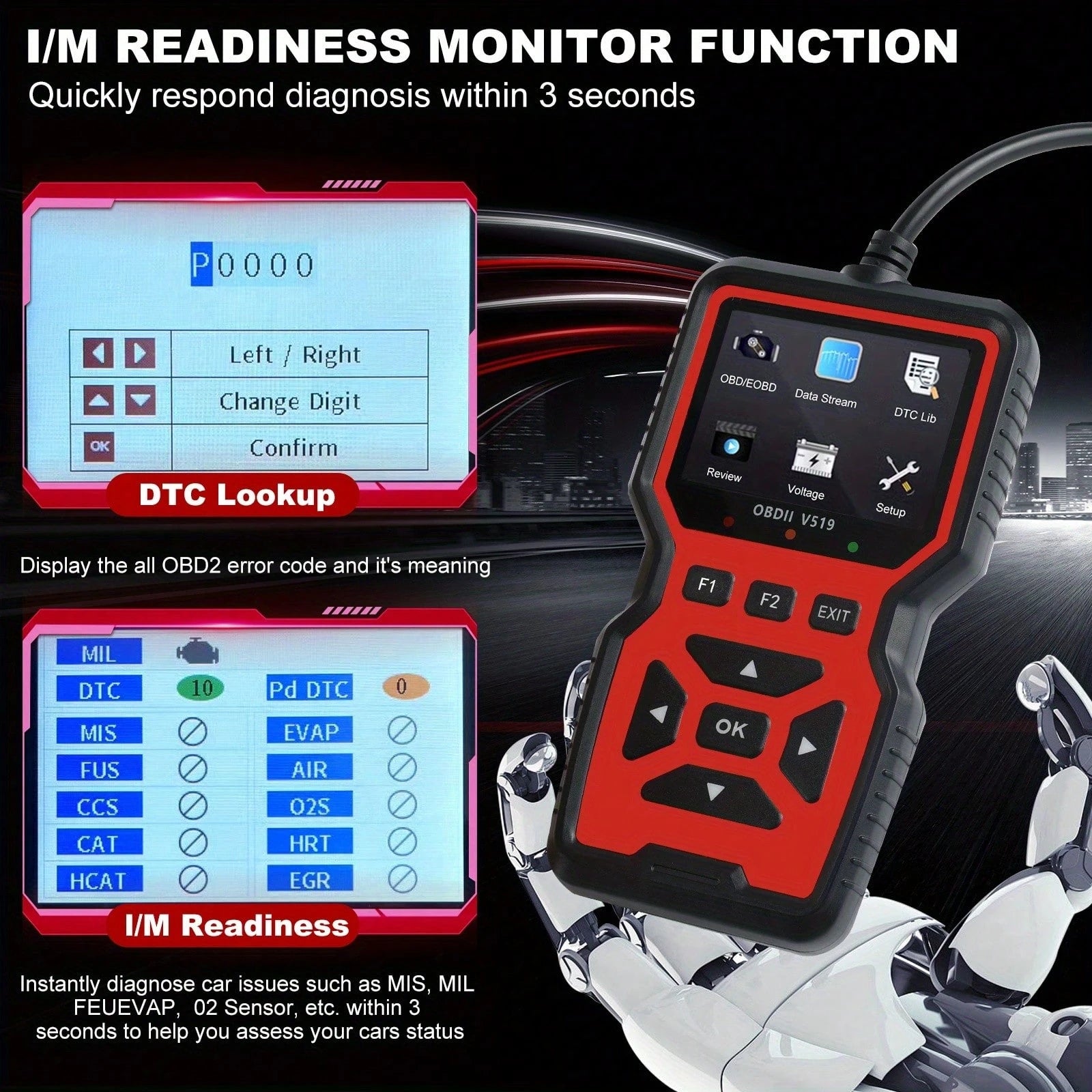 V519 Professional OBD2 Scanner- USB Powered Automotive Diagnostic Tool, With Live Data Stream, Full-Function OBD II Testing (I/M Readiness, OBD2/EOBD), Clear Engine Light, Read/Erase Codes For Most V