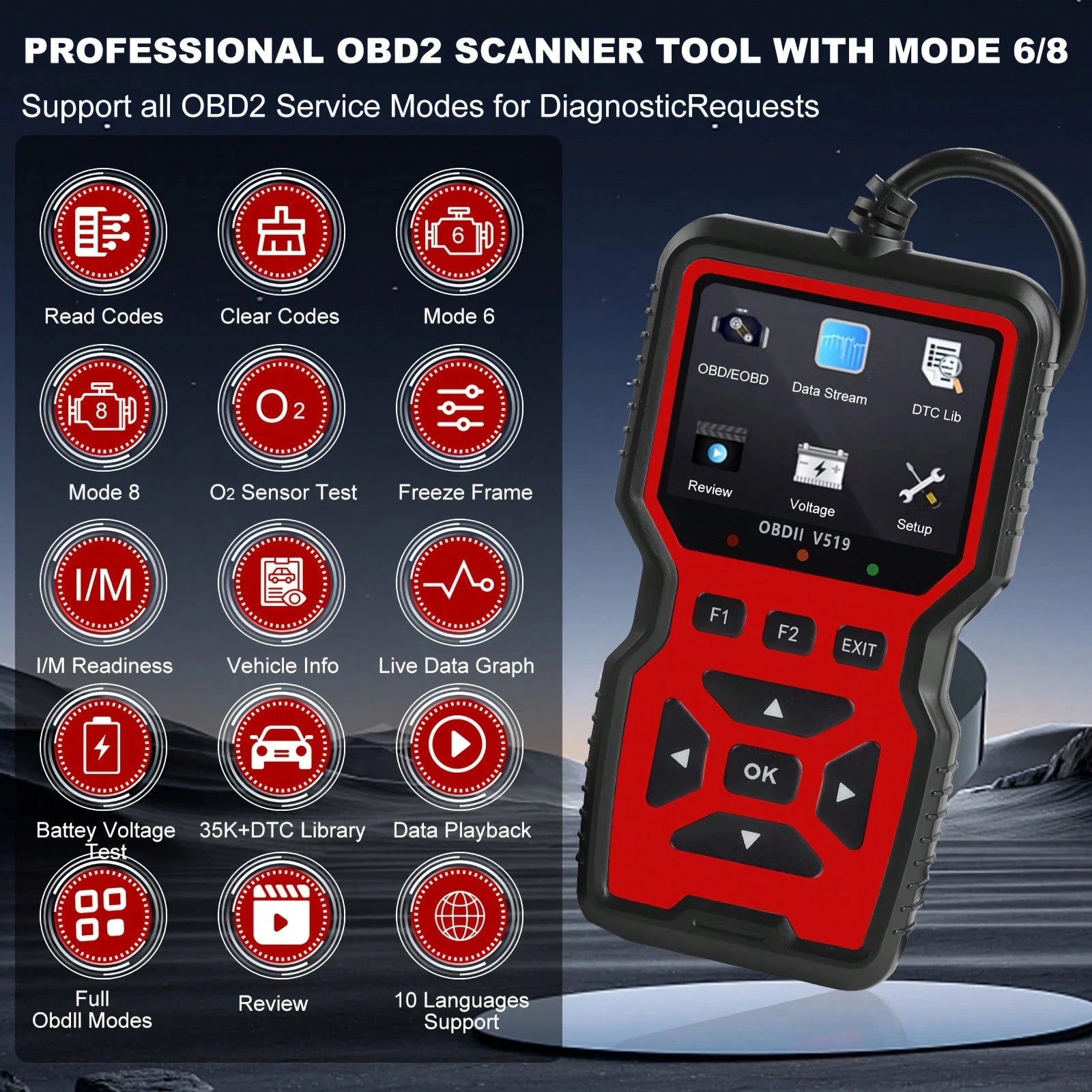 V519 Professional OBD2 Scanner- USB Powered Automotive Diagnostic Tool, With Live Data Stream, Full-Function OBD II Testing (I/M Readiness, OBD2/EOBD), Clear Engine Light, Read/Erase Codes For Most V