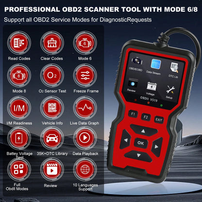 V519 Professional OBD2 Scanner- USB Powered Automotive Diagnostic Tool, With Live Data Stream, Full-Function OBD II Testing (I/M Readiness, OBD2/EOBD), Clear Engine Light, Read/Erase Codes For Most V