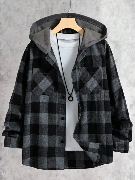 Vacaura 1pc Boys' Plaid Hooded Jacket, Casual Everyday Wear For Autumn/Winter
