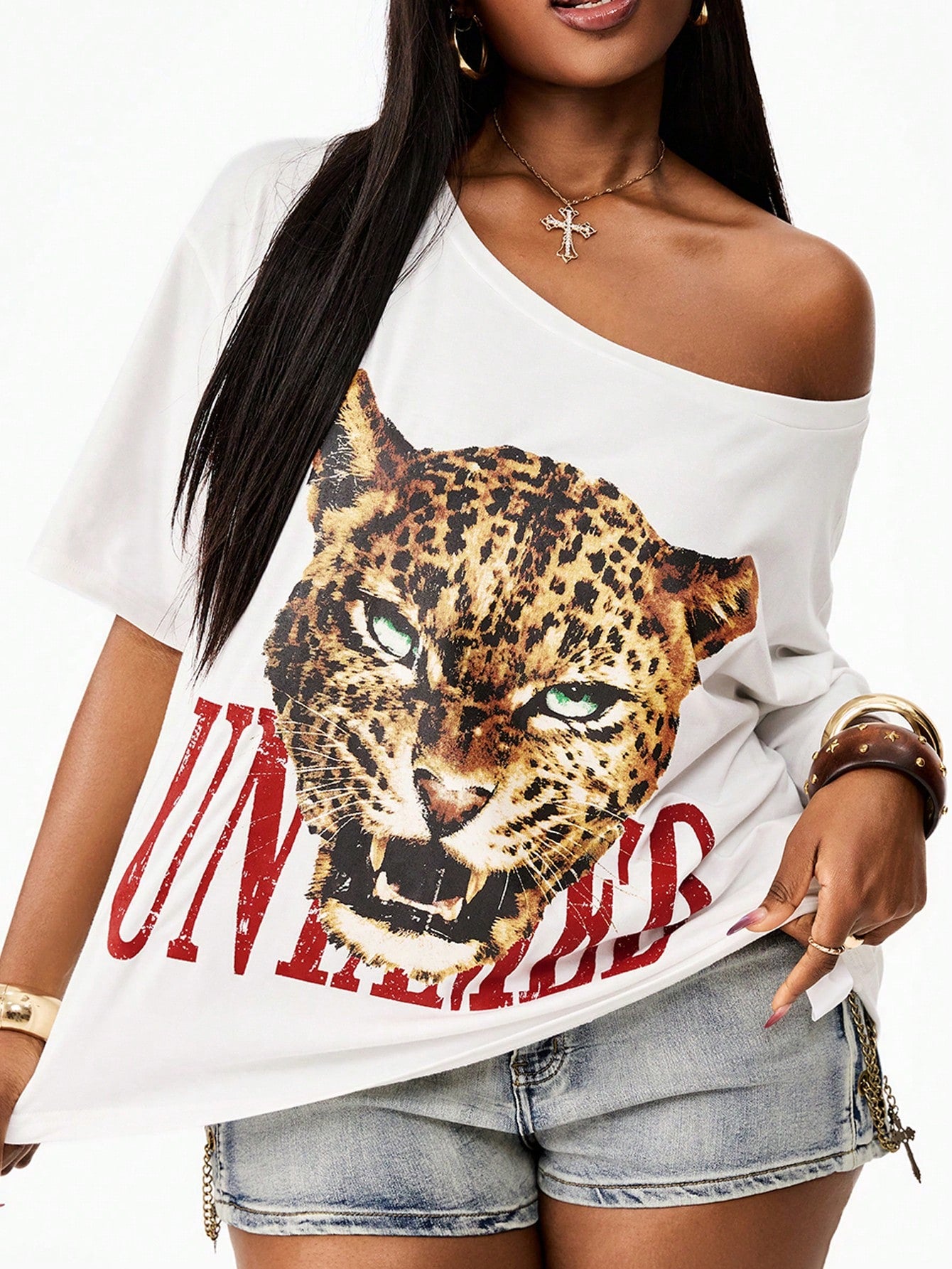 Vadaroq Women's Plus Size White Summer Fall Casual Oversize T-Shirt Leopard Graphic Print Asymmetrical Neck Short Sleeve Top Y2K Date Club Formal Cotton
