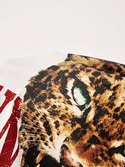 Vadaroq Women's Plus Size White Summer Fall Casual Oversize T-Shirt Leopard Graphic Print Asymmetrical Neck Short Sleeve Top Y2K Date Club Formal Cotton
