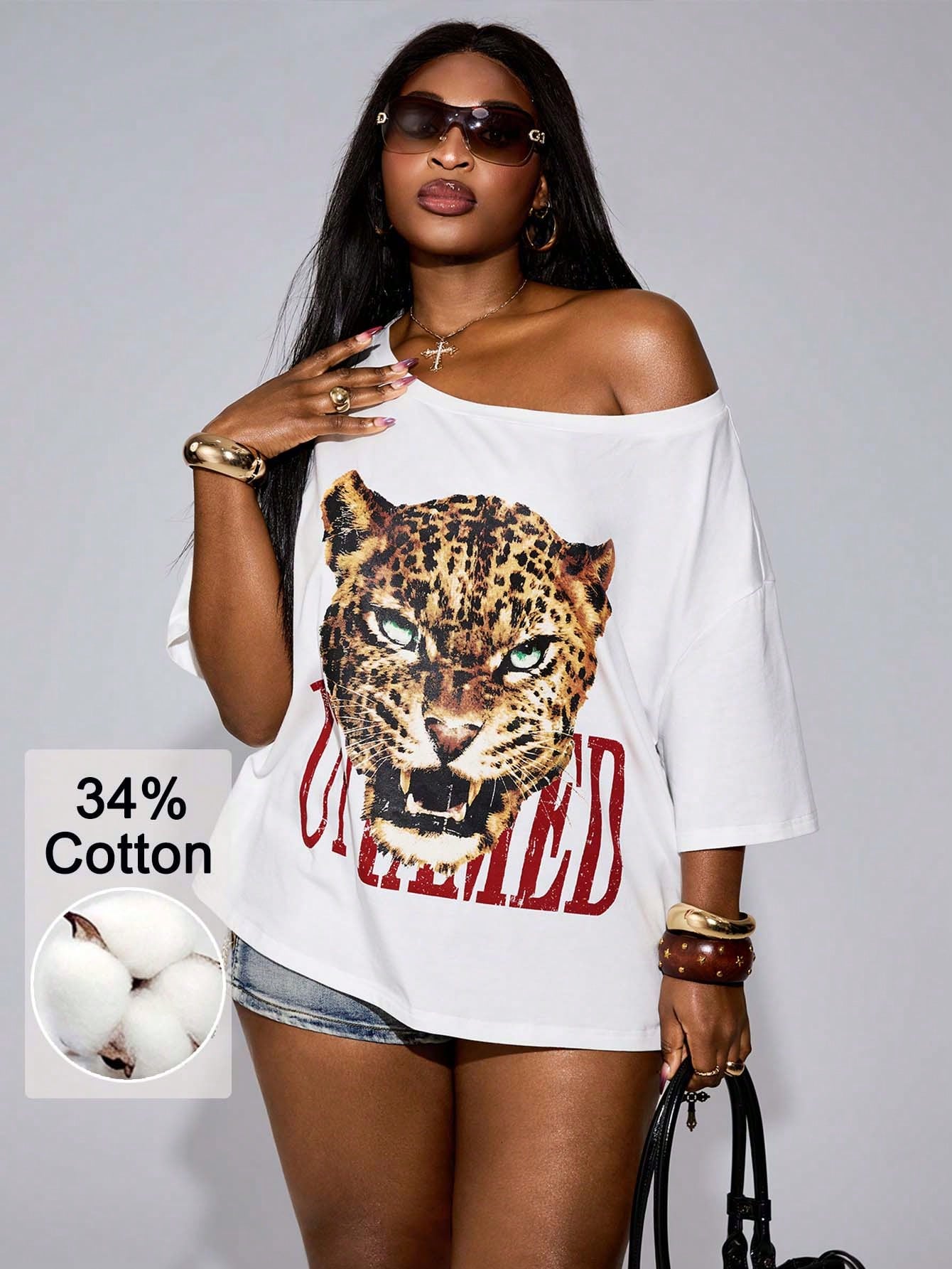 Vadaroq Women's Plus Size White Summer Fall Casual Oversize T-Shirt Leopard Graphic Print Asymmetrical Neck Short Sleeve Top Y2K Date Club Formal Cotton
