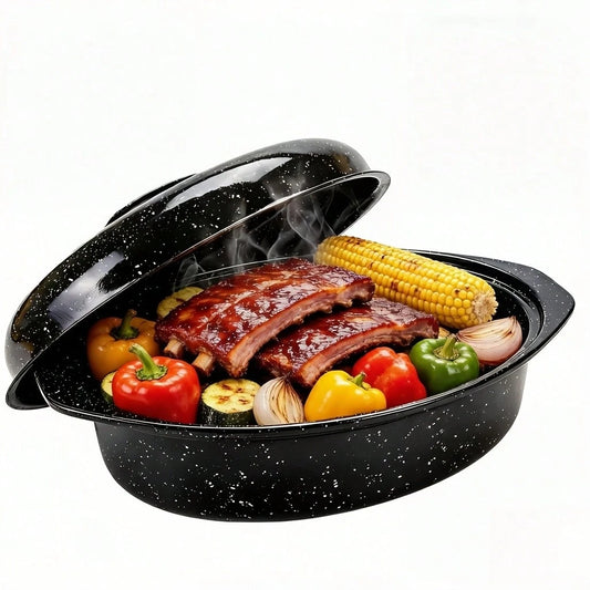 VAETTLO 15inch/ 13inch Enamel Baking Pan With Lid, Oval Outdoor Cooking Pot, Compatible With Ovens And Grills, Ideal For Roasting Chicken, Barbecuing, Slow Cooking, Backyard Use, Picnics And Camping