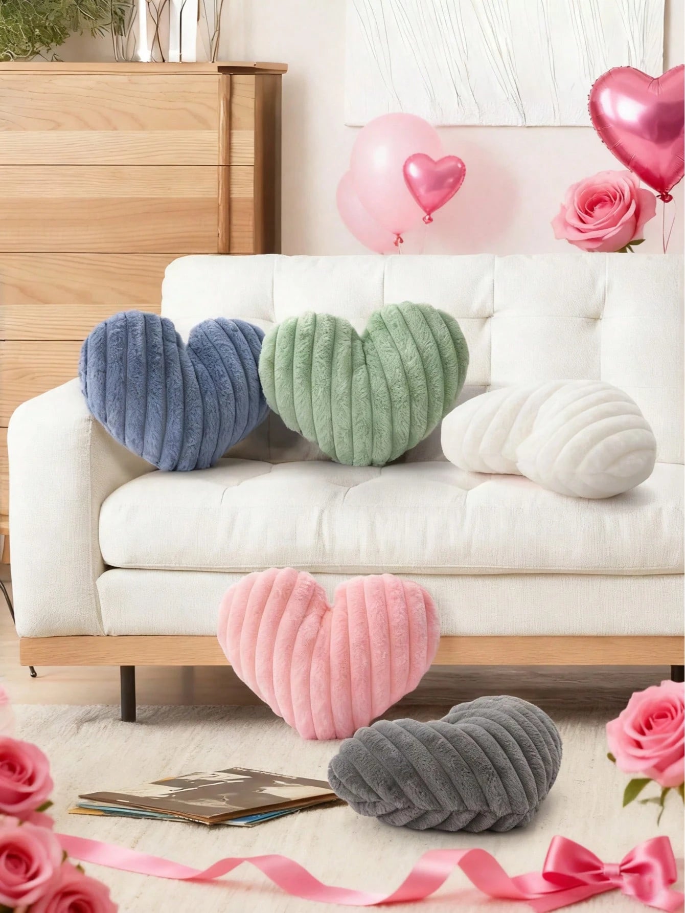 Valentine's Day Heart Pillow Decorative Throw Pillows, Heart Shaped Soft Fluffy Faux Fur Cute Pillows Cushions For Couch Chair Bed Bedroom Room Home Decor Aesthetic, White