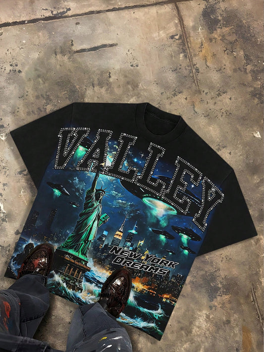 Valley New York Dreams UFO Men's Retro 220g Cotton T-Shirt, Printing Grunge Style, Street Clothes, Large T-Shirt,Graphic Y2K Shirt