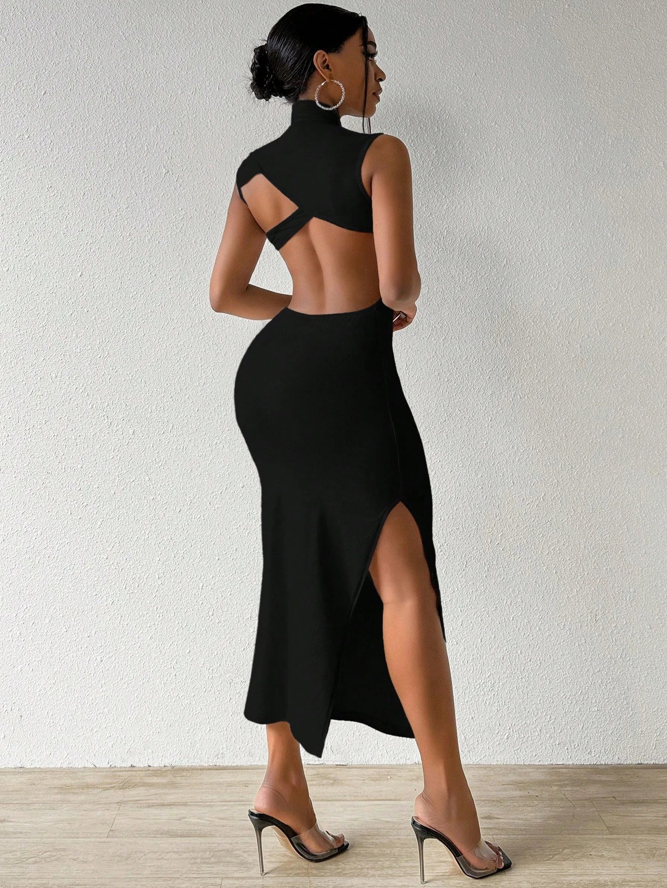 VaVaBold Solid Color Backless Stand Collar Side Slit Bodycon Dress For Summer Maxi Women Outfit