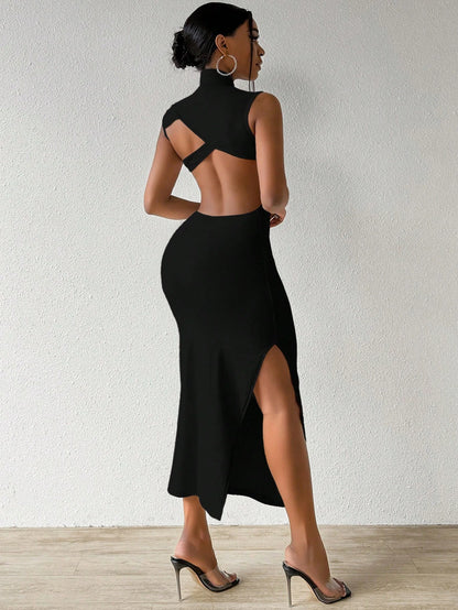 VaVaBold Solid Color Backless Stand Collar Side Slit Bodycon Dress For Summer Maxi Women Outfit