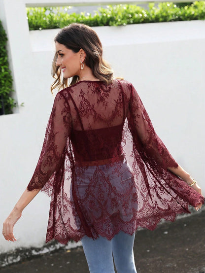 VCAY Al Lace Open Front Kimono Without Cami Top Summer,Burgundy  Kimono Bathing Suits For Women Vacation Boho