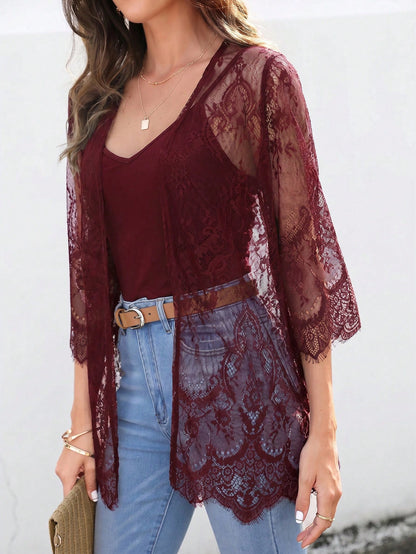 VCAY Al Lace Open Front Kimono Without Cami Top Summer,Burgundy  Kimono Bathing Suits For Women Vacation Boho