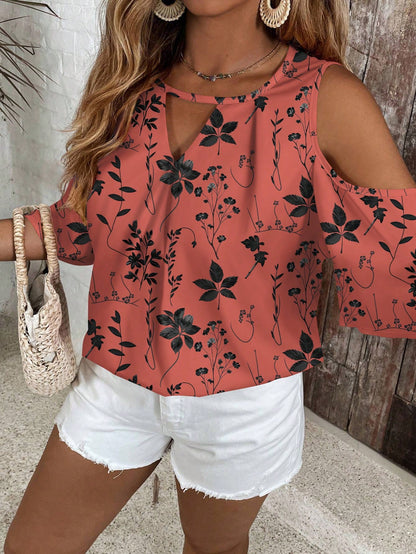 VCAY Casual Minimalist Full-Print Leaf Pattern Off-Shoulder Blouse For Plus Size Women