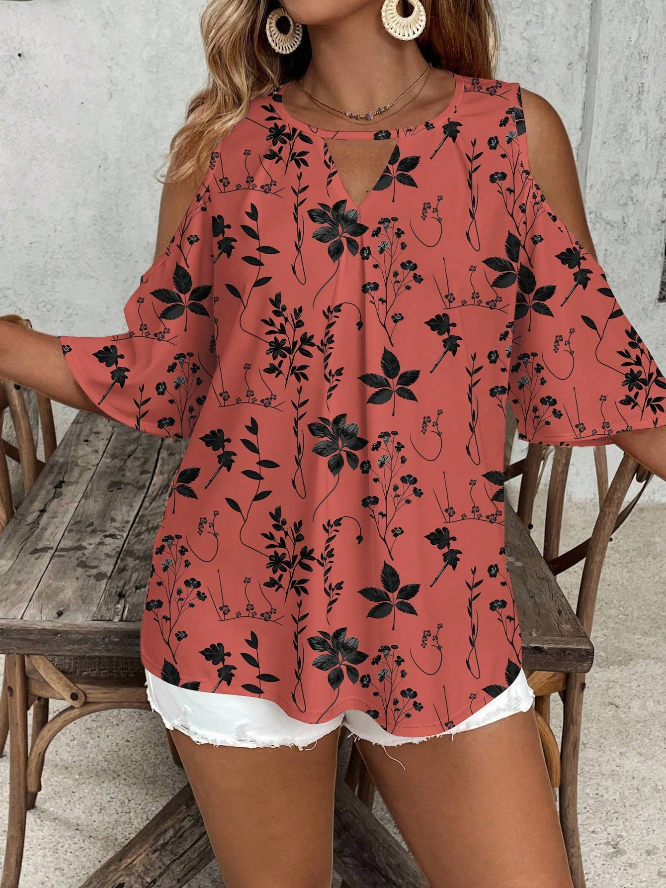 VCAY Casual Minimalist Full-Print Leaf Pattern Off-Shoulder Blouse For Plus Size Women