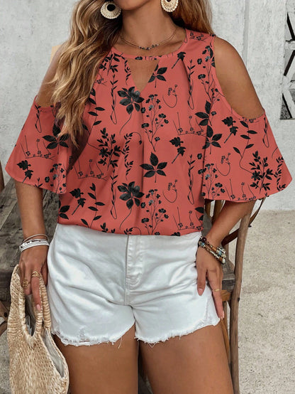 VCAY Casual Minimalist Full-Print Leaf Pattern Off-Shoulder Blouse For Plus Size Women