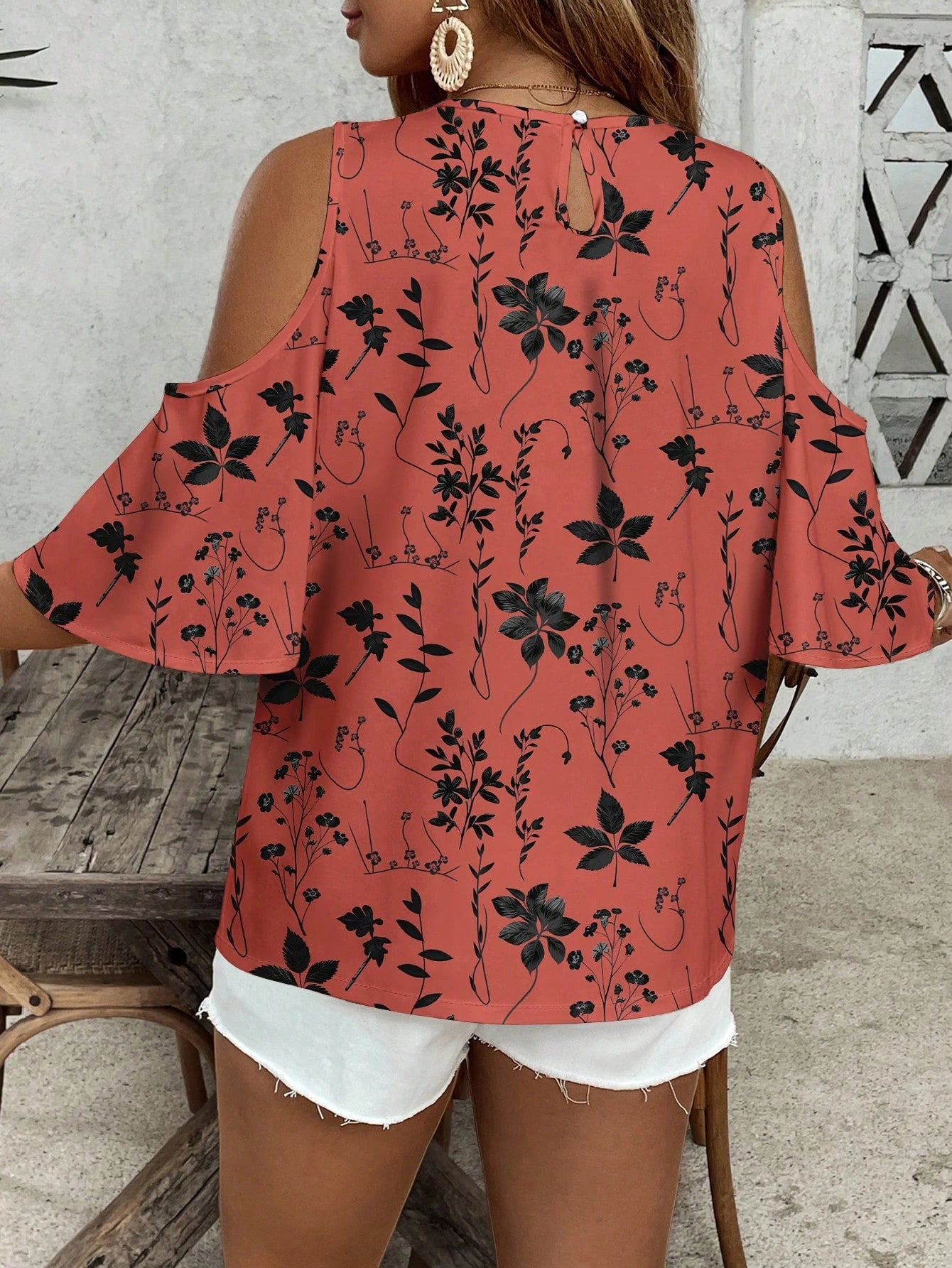 VCAY Casual Minimalist Full-Print Leaf Pattern Off-Shoulder Blouse For Plus Size Women
