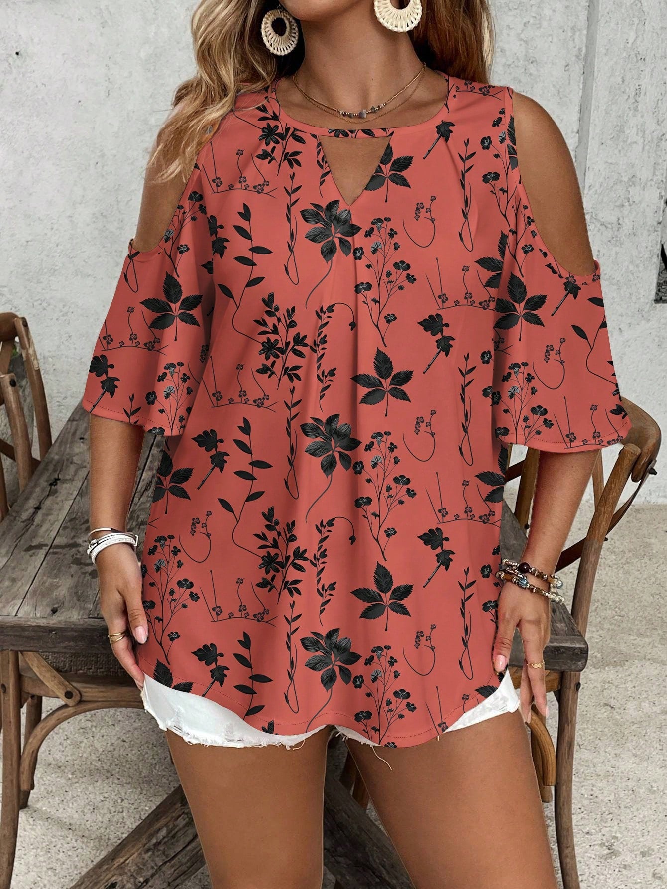 VCAY Casual Minimalist Full-Print Leaf Pattern Off-Shoulder Blouse For Plus Size Women