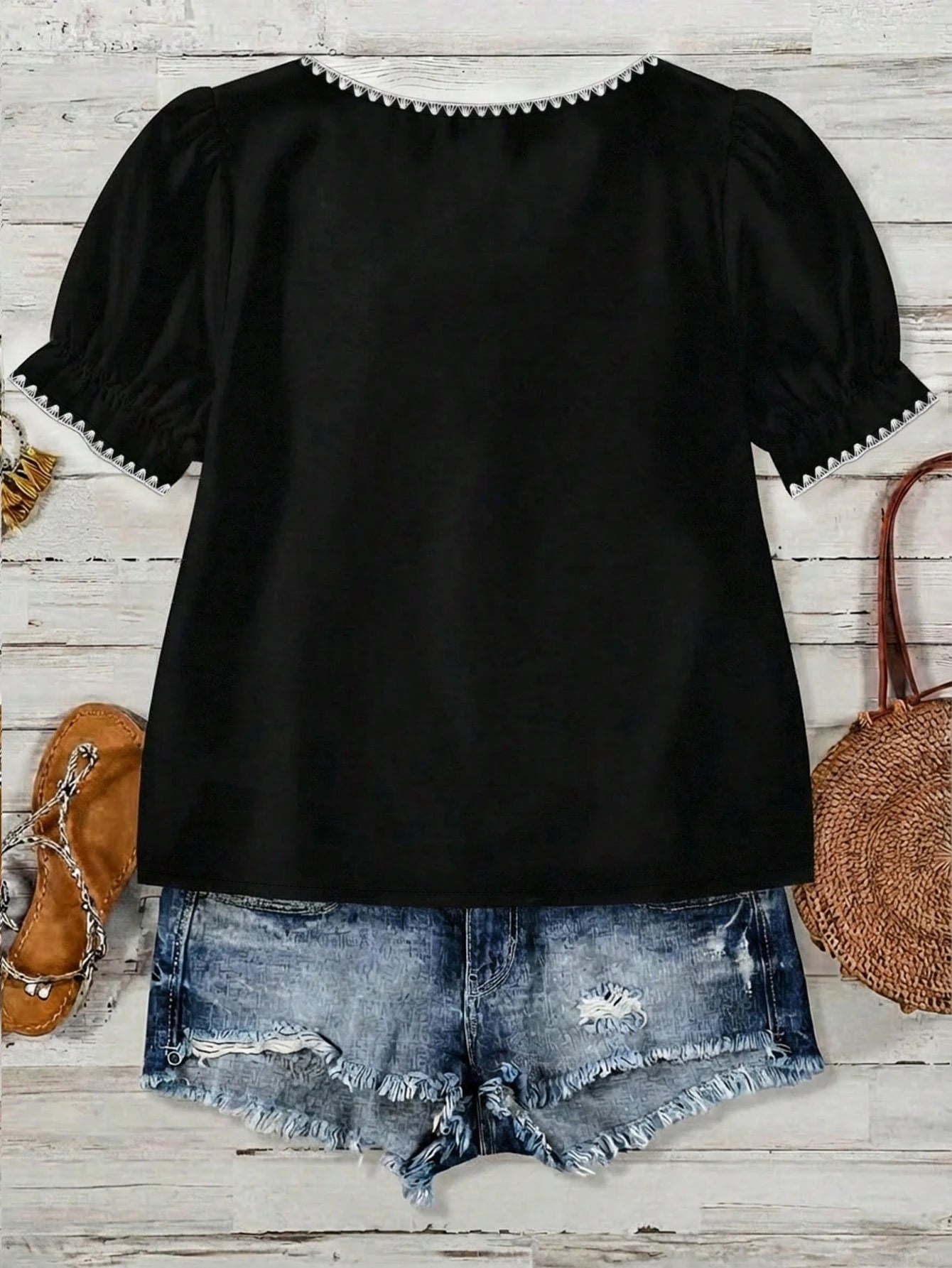 VCAY Casual Minimalist Style White Shell Embroidered Decor Casual Square Collar Blouse, Suitable For Spring/Summer Vacation,Summer Top