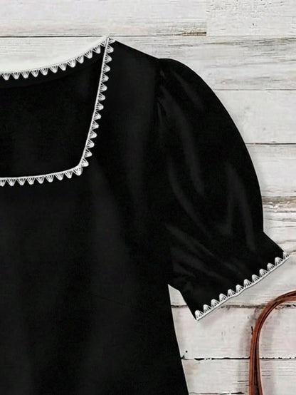 VCAY Casual Minimalist Style White Shell Embroidered Decor Casual Square Collar Blouse, Suitable For Spring/Summer Vacation,Summer Top