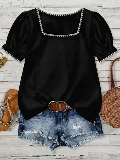 VCAY Casual Minimalist Style White Shell Embroidered Decor Casual Square Collar Blouse, Suitable For Spring/Summer Vacation,Summer Top