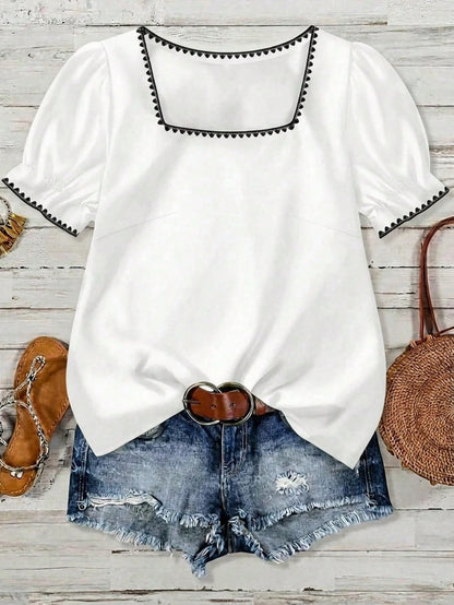 VCAY Casual Minimalist Style White Shell Embroidered Decor Casual Square Collar Blouse, Suitable For Spring/Summer Vacation,Summer Top