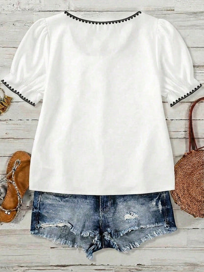 VCAY Casual Minimalist Style White Shell Embroidered Decor Casual Square Collar Blouse, Suitable For Spring/Summer Vacation,Summer Top