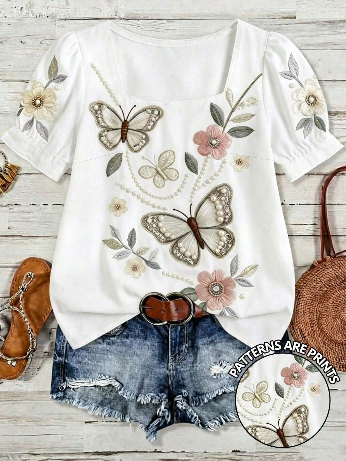 VCAY Casual Minimalist Style White Shell Embroidered Decor Casual Square Collar Blouse, Suitable For Spring/Summer Vacation,Summer Top