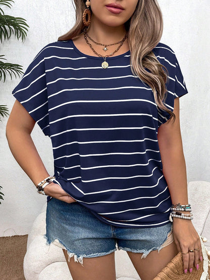 VCAY Plus Size Boho Rainbow Striped Short Sleeve Round Neck T-Shirt For Vacation, Summer