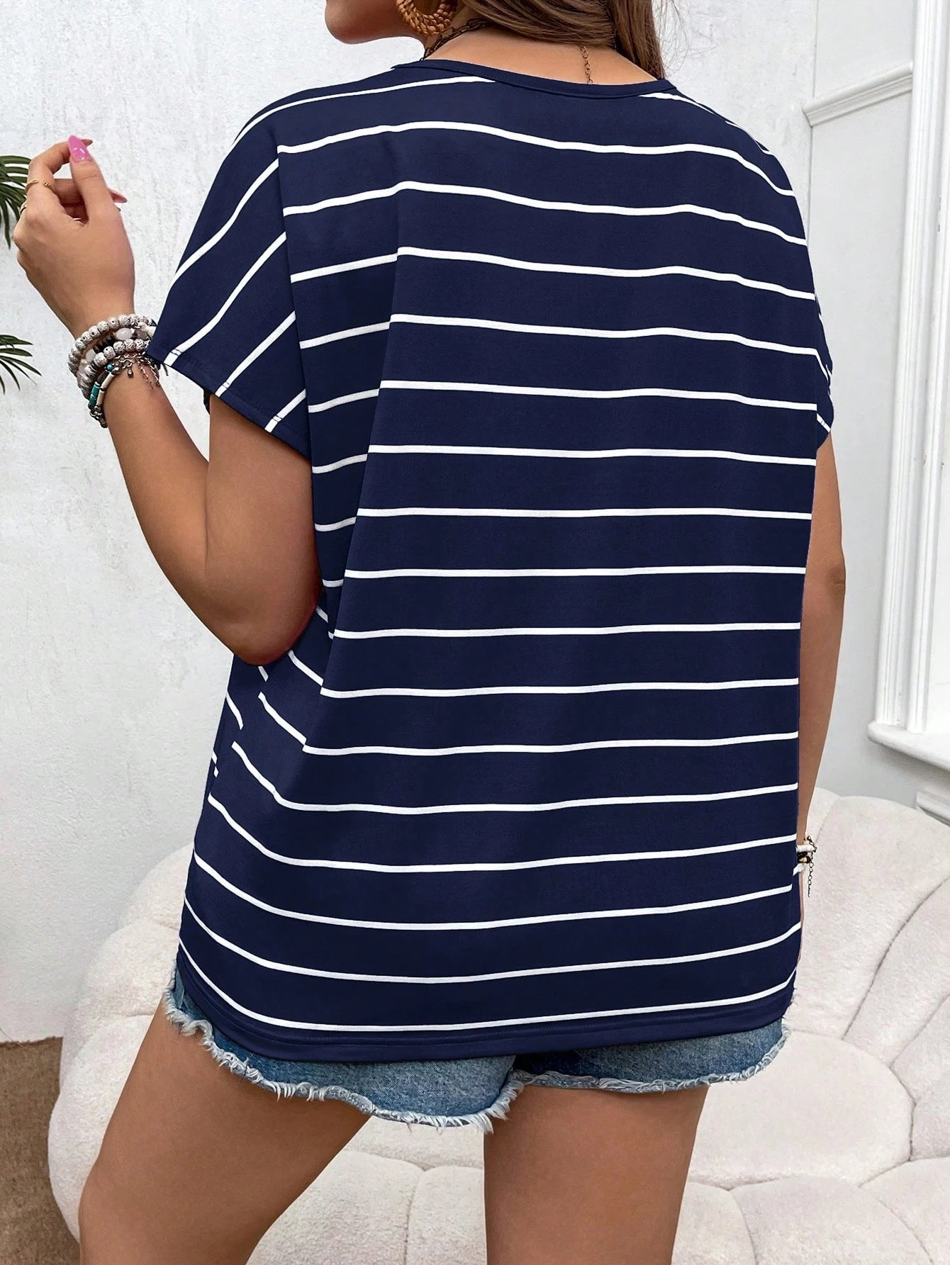 VCAY Plus Size Boho Rainbow Striped Short Sleeve Round Neck T-Shirt For Vacation, Summer