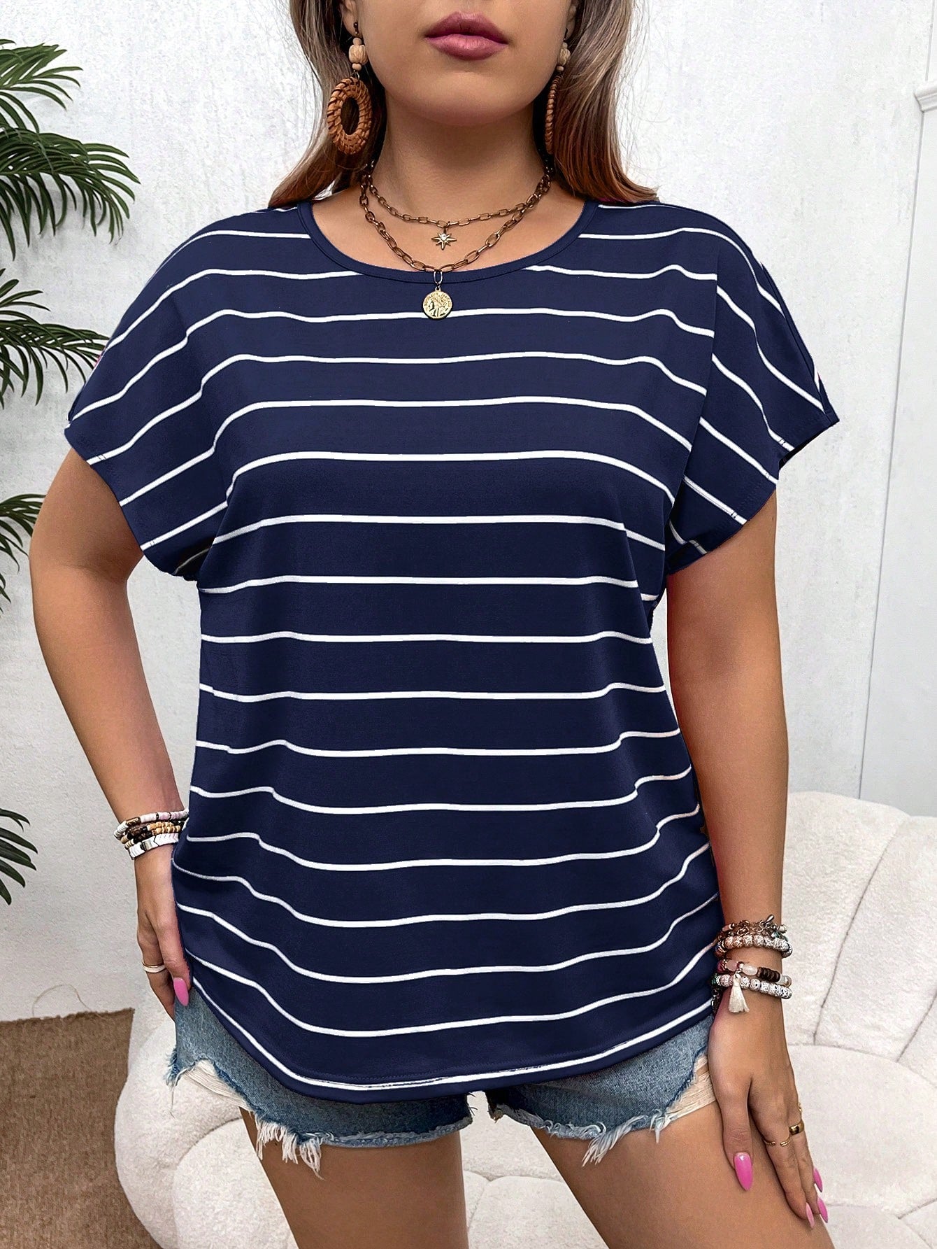 VCAY Plus Size Boho Rainbow Striped Short Sleeve Round Neck T-Shirt For Vacation, Summer