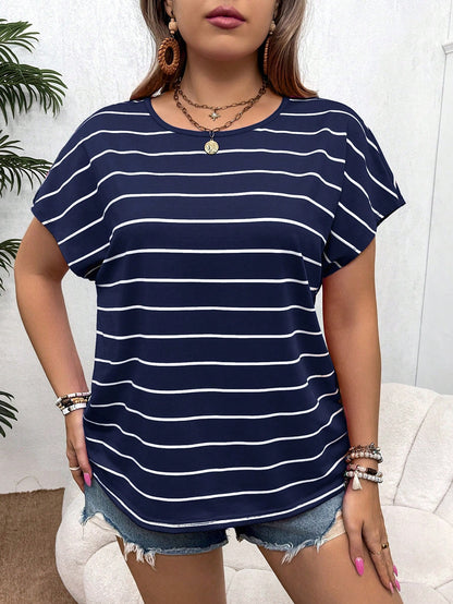 VCAY Plus Size Boho Rainbow Striped Short Sleeve Round Neck T-Shirt For Vacation, Summer