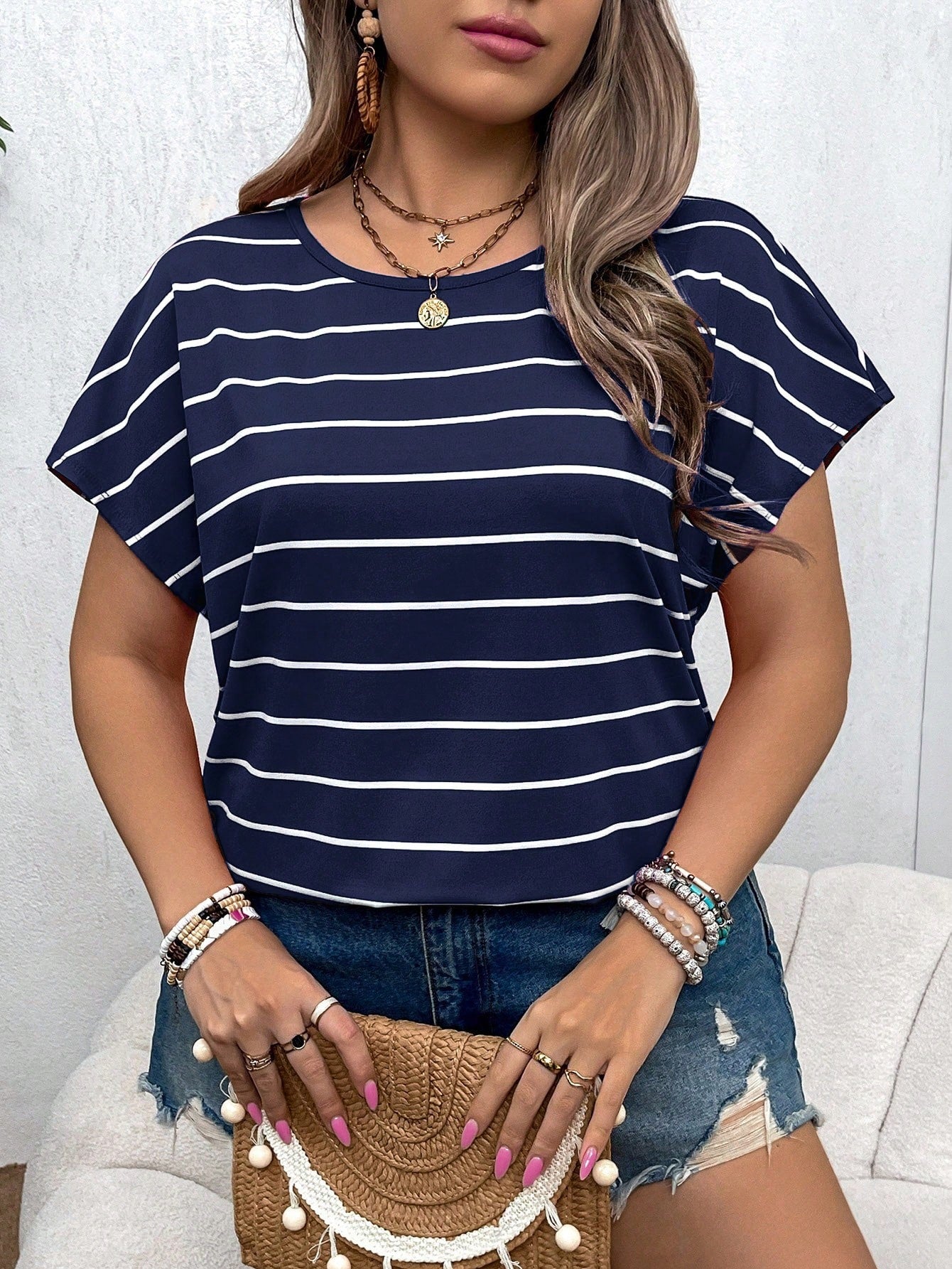 VCAY Plus Size Boho Rainbow Striped Short Sleeve Round Neck T-Shirt For Vacation, Summer