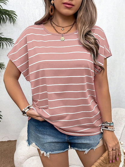 VCAY Plus Size Boho Rainbow Striped Short Sleeve Round Neck T-Shirt For Vacation, Summer