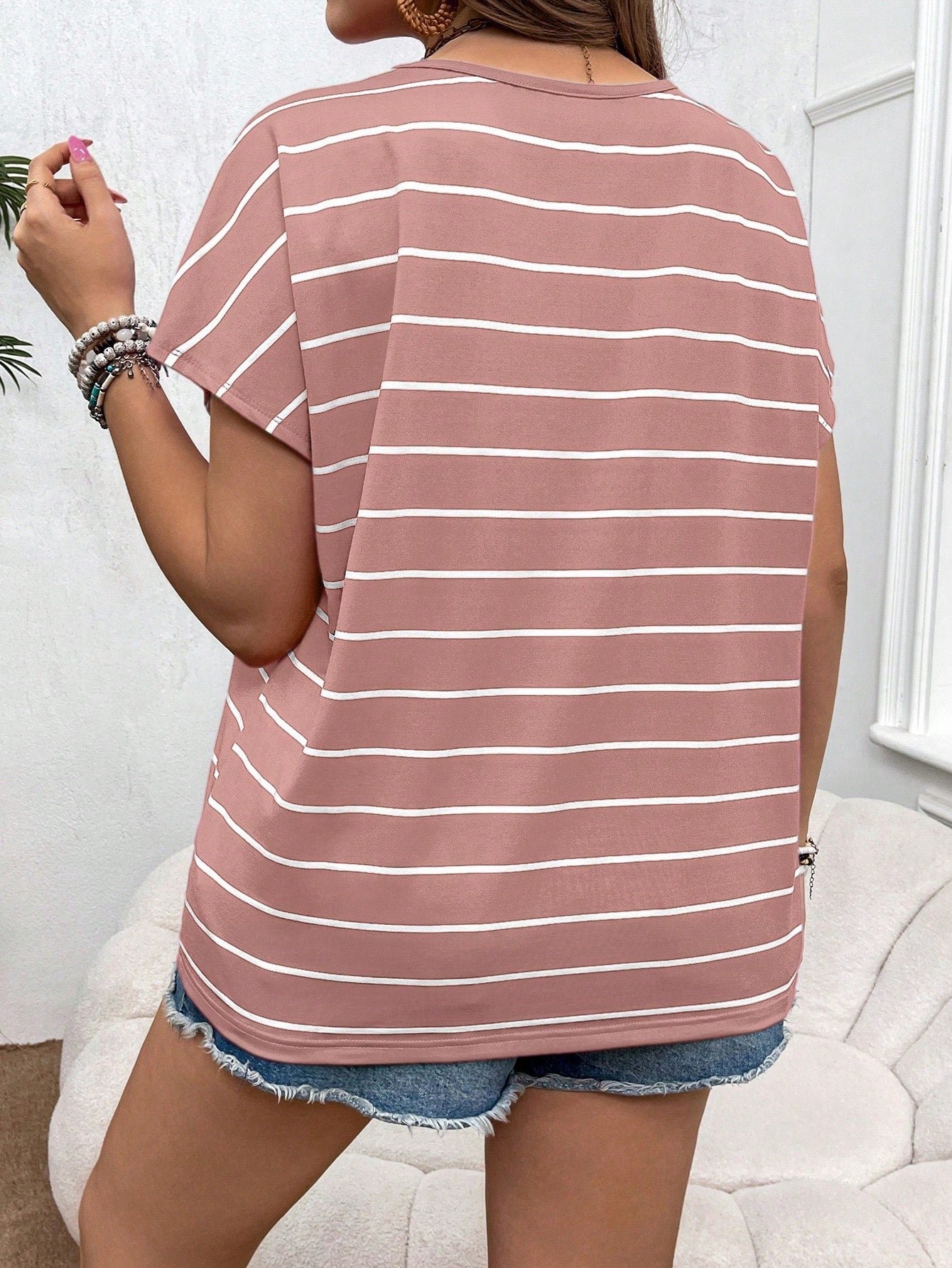 VCAY Plus Size Boho Rainbow Striped Short Sleeve Round Neck T-Shirt For Vacation, Summer