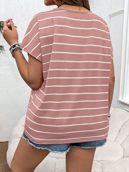 VCAY Plus Size Boho Rainbow Striped Short Sleeve Round Neck T-Shirt For Vacation, Summer
